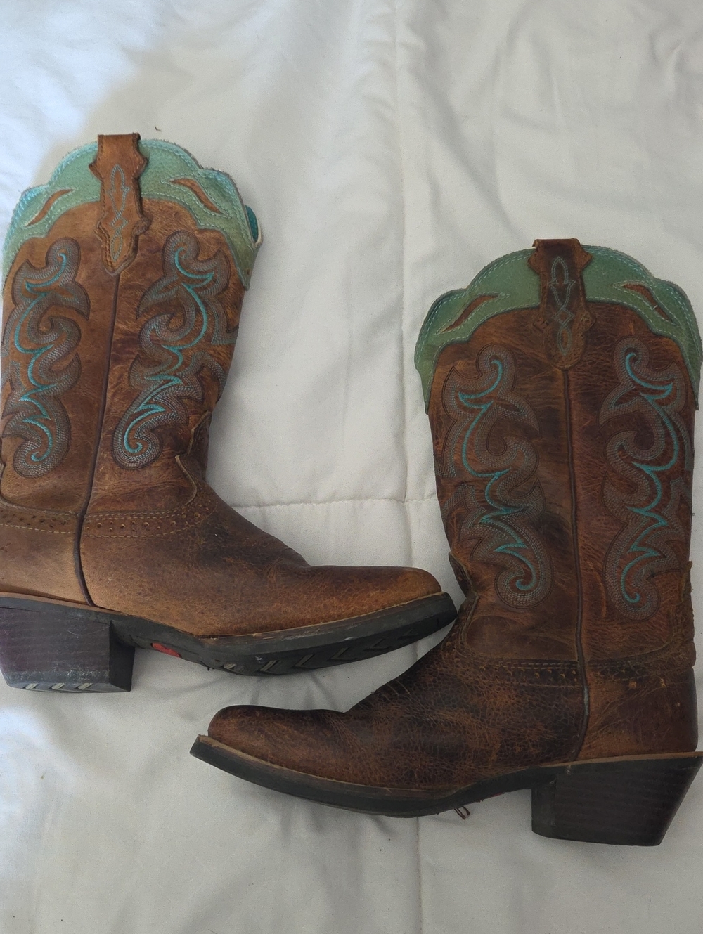 Justin Boots Brown Leather Western Boots with Teal Accents